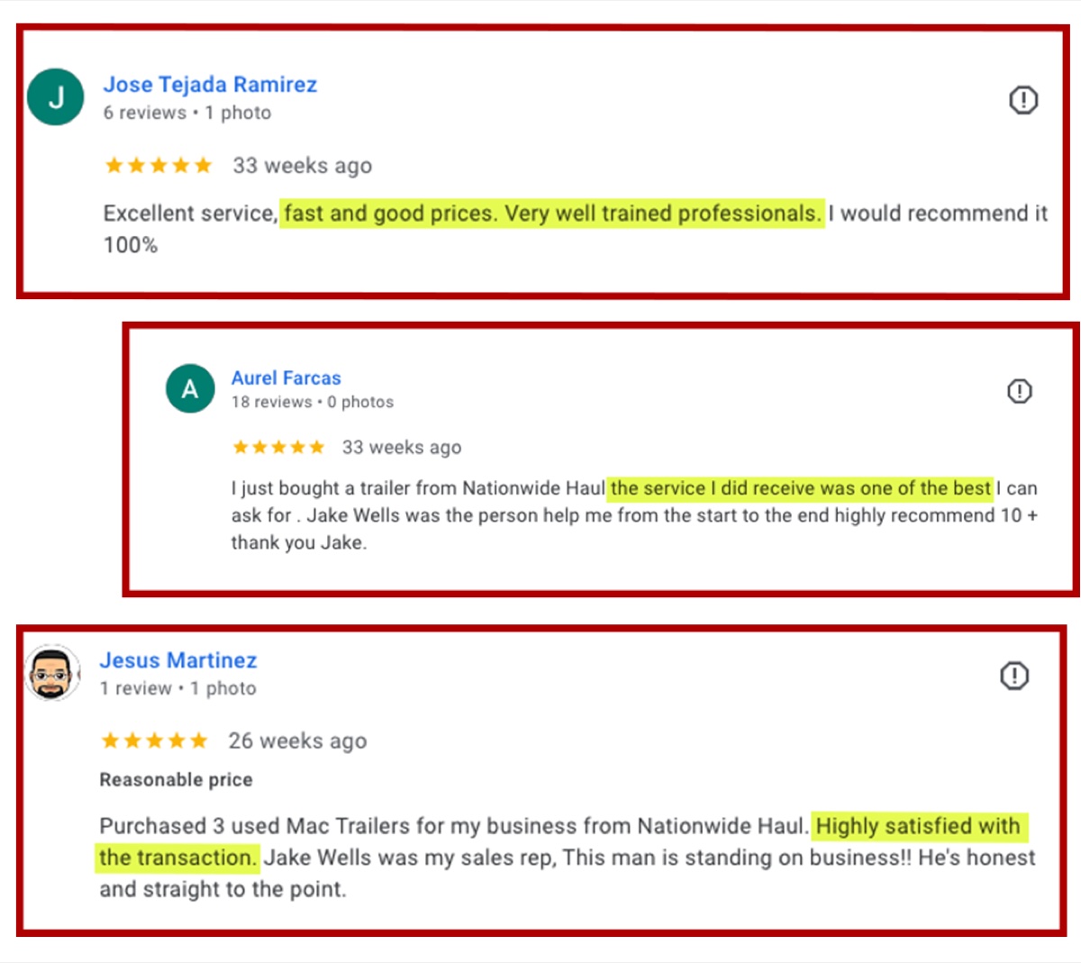 Five-star Google reviews for Nationwide Haul from MAC trailer buyers